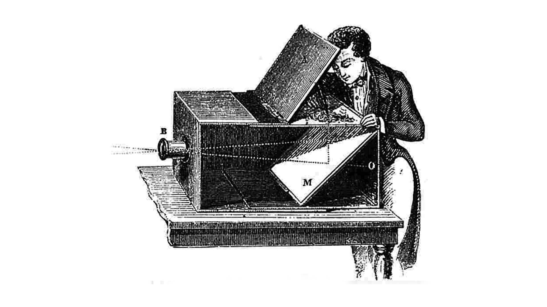 Disegno a tratto di una Camera Obscura. labeled del 19esimo secolo. Legenda: B (lente), M (secchio), O (linea di luce)